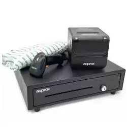 APPPOSPACK4180 AQPROX KIT TPV CAJON PORTAMONEDAS NEGRO + LECTOR/SCANNER + IMPRESORA TERMICA + PACK ROLLOS PAPEL