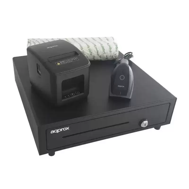 APPPOSPACK4180USB-2D AQPROX KIT TPV CAJON PORTAMONEDAS NEGRO + LECTOR/SCANNER + IMPRESORA TERMICA + PACK ROLLOS PAPEL