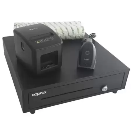 APPPOSPACK4180USB-2D AQPROX KIT TPV CAJON PORTAMONEDAS NEGRO + LECTOR/SCANNER + IMPRESORA TERMICA + PACK ROLLOS PAPEL
