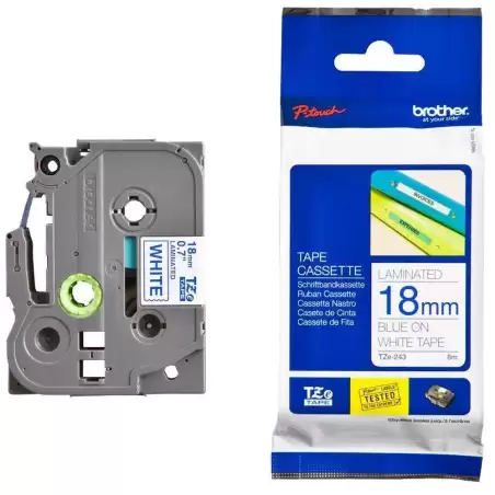 TZE243 BROTHER CINTA ROTULADORA LAMINADA TEXTO AZUL SOBRE BLANCO - 18MMX8M