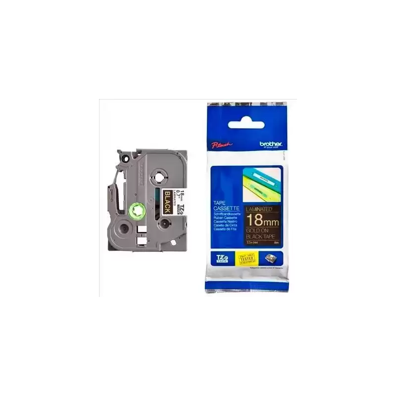 TZE344 BROTHER CINTA ROTULADORA LAMINADA TEXTO DORADO SOBRE NEGRO - 18MMX8M
