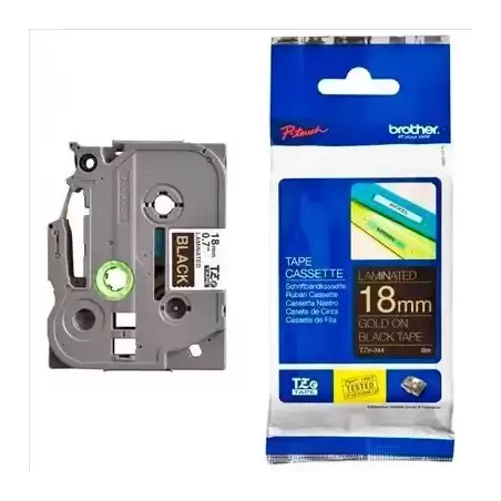 TZE344 BROTHER CINTA ROTULADORA LAMINADA TEXTO DORADO SOBRE NEGRO - 18MMX8M