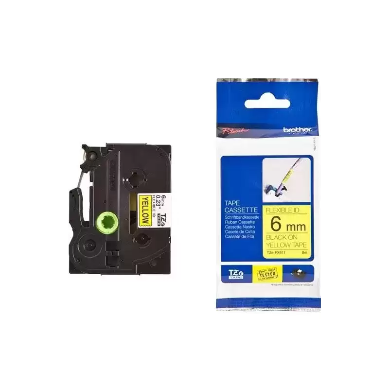 TZEFX611 BROTHER CINTA ROTULADORA LAMINADA FLEXIBLE TEXTO NEGRO SOBRE AMARILLO - 6MMX8M