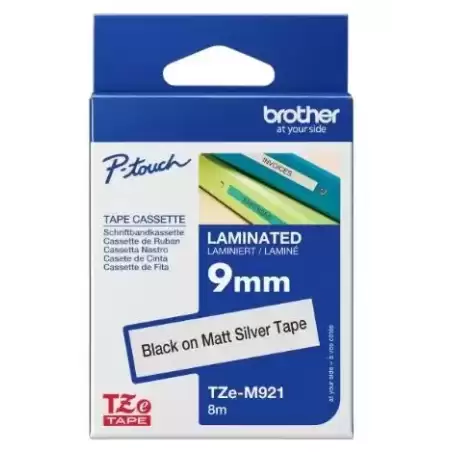 TZEM921 BROTHER CINTA ROTULADORA LAMINADA METALICA TEXTO NEGRO SOBRE PLATA MATE - 9MMX8M