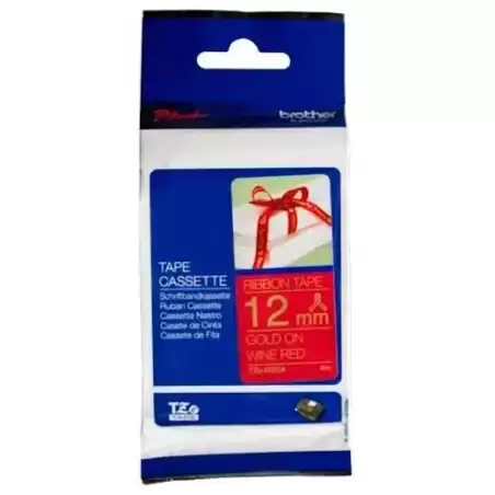TZERW34 BROTHER CINTA ROTULADORA TELA SATINADA NO ADHESIVA TEXTO DORADO SOBRE TEJIDO ROJO - 12MMX4M
