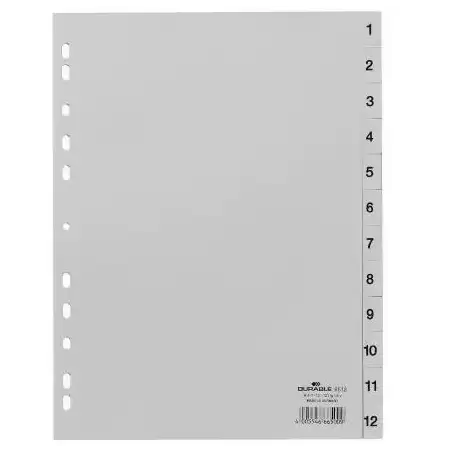 651210 DURABLE ÍNDICES PP CON PESTAÑAS IMPRESAS DIVISIÓN NUMÉRICA 1-12 VERTICAL A4 GRIS