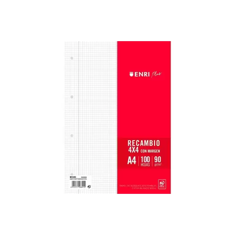 400173748 ENRI RECAMBIO PLUS 100H A4 90GR 4X4 C/MARGEN 4 TALADROS