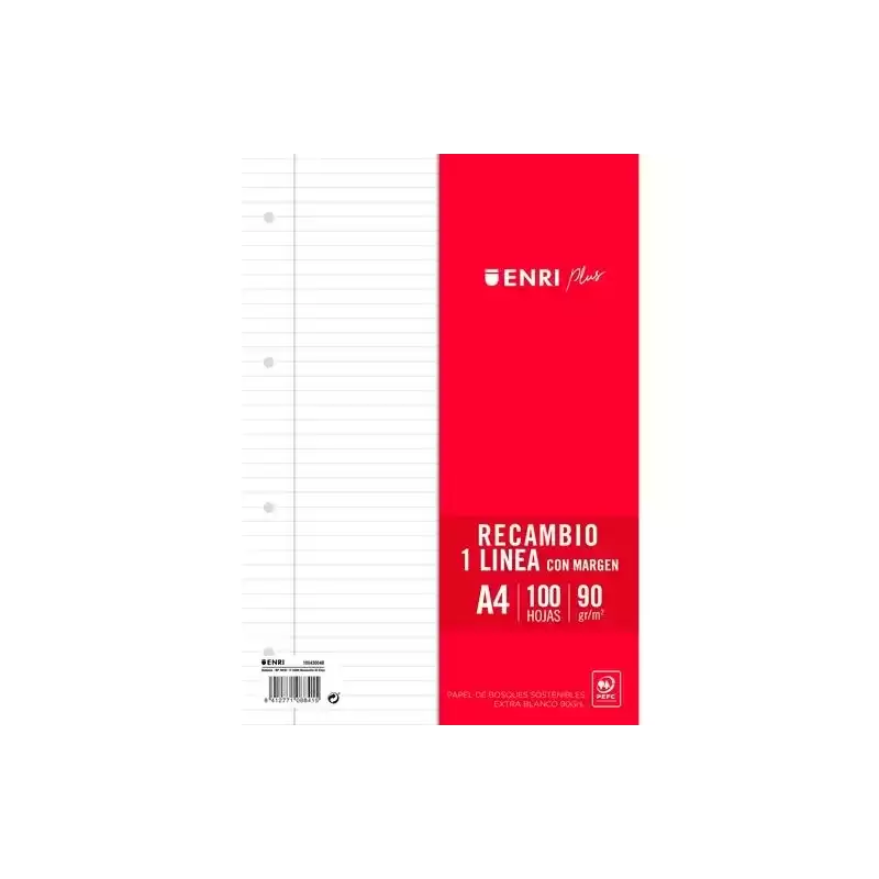 400173749 ENRI RECAMBIO PLUS 100H A4 90GR 1 LÍNEA C/MARGEN 4 TALADROS BLANCO
