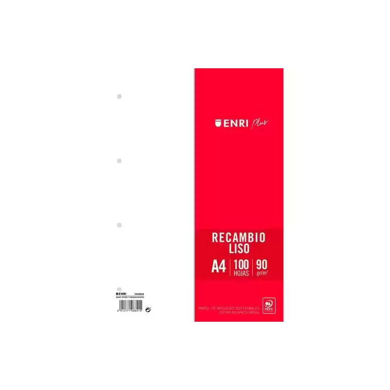 400173992 ENRI RECAMBIO PLUS 100H A4 90GR LISO 4 TALADROS BLANCO