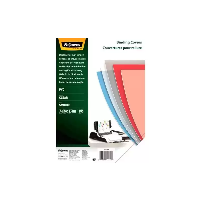 5376001 FELLOWES TAPAS ENCUADERNACIÓN A4 PVC 150 MICRAS TRANSPARENTE PACK 100 UD
