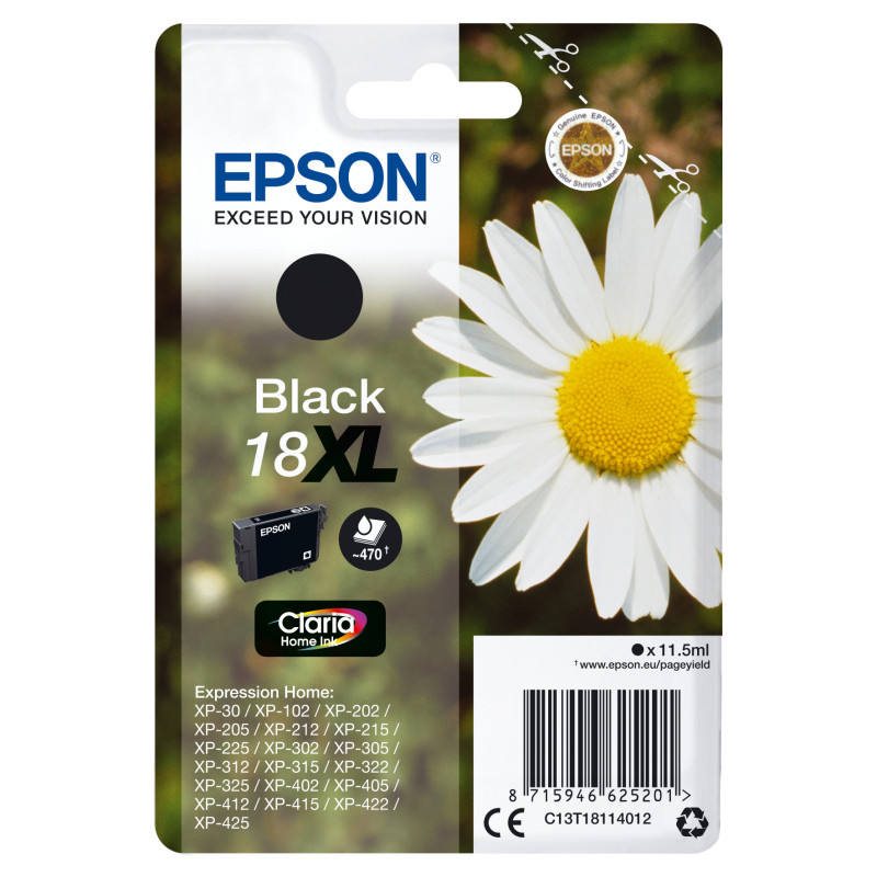 C13T18114012 Epson Expression Home XP-102/205/215/305/322/405/422 Cartucho Negro Alta Capacidad 18XL