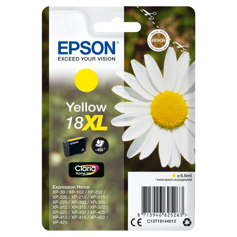 C13T18144012 Epson Expression Home XP-102/205/215/305/405 Cartucho Amarillo Alta Capacidad 18XL