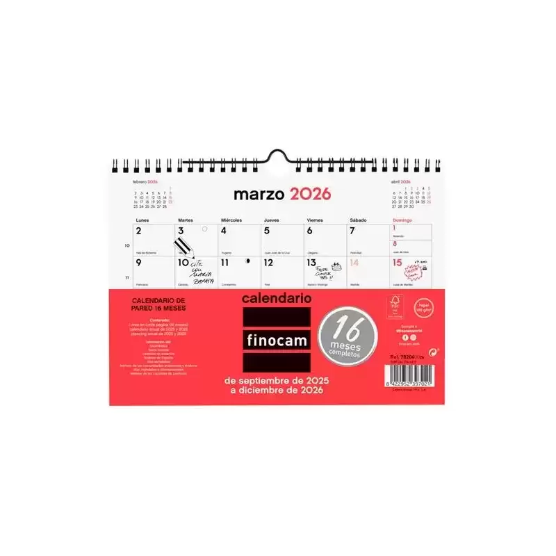 782040026 FINOCAM CALENDARIO DE PARED 16 MESES S-210X150MM MV NEUTRO 2025-2026