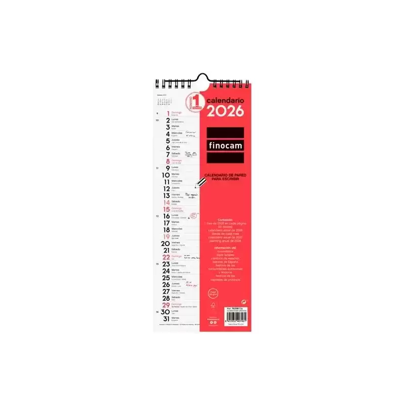 782080026 FINOCAM CALENDARIO DE PARED PARA ESCRIBIR LARGO M-130X330MM MV NEUTRO 2026