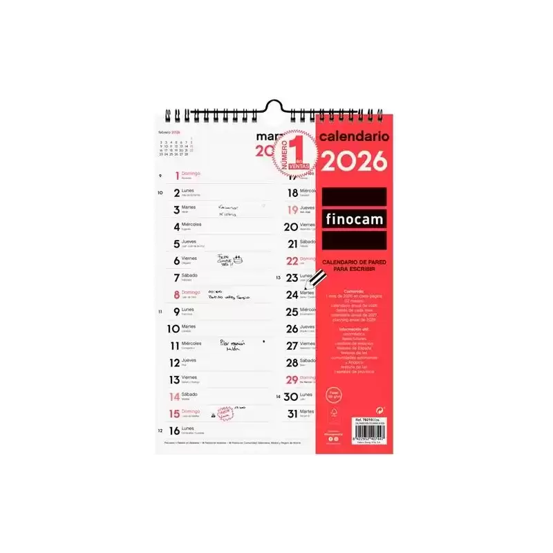 782100026 FINOCAM CALENDARIO DE PARED PARA ESCRIBIR DOS COLUMNAS M-210X300MM MV NEUTRO 2026