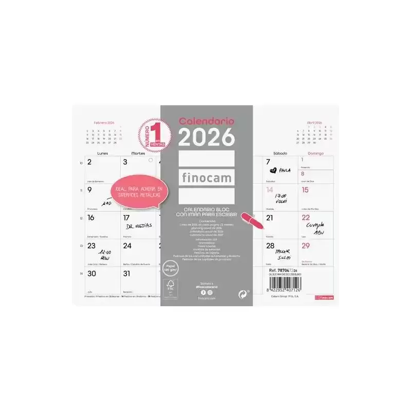 787047326 FINOCAM CALENDARIO BLOC CON IMÁN PARA ESCRIBIR S-210X150MM MV CHIC BLANCO 2026