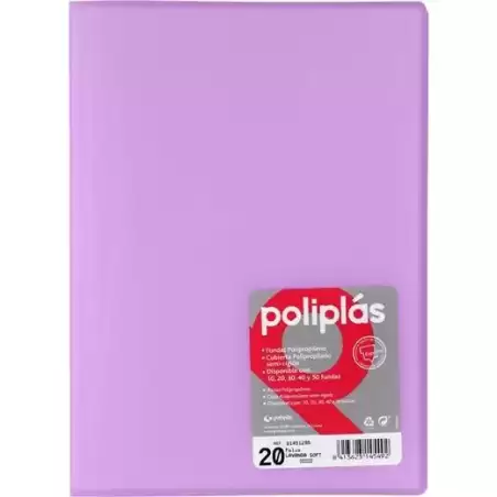 01451295 GRAFOPLÁS CARPETA CON FUNDAS POLIPLÁS SOLDADAS FOLIO 20 FUNDAS PP SEMIRÍGIDO TRANSLÚCIDO LAVANDA SOFT