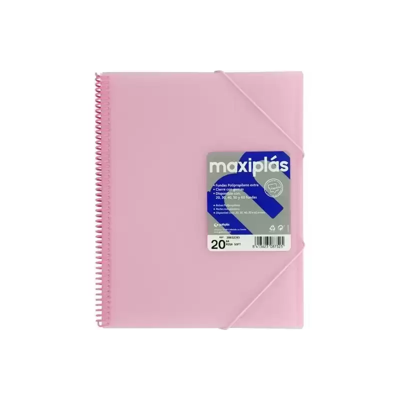 39832093 GRAFOPLÁS CARPETA CON FUNDAS MAXIPLÁS ESPIRAL A4 20 FUNDAS C/SOBRE PP RÍGIDO TRANSLÚCIDO ROSA SOFT