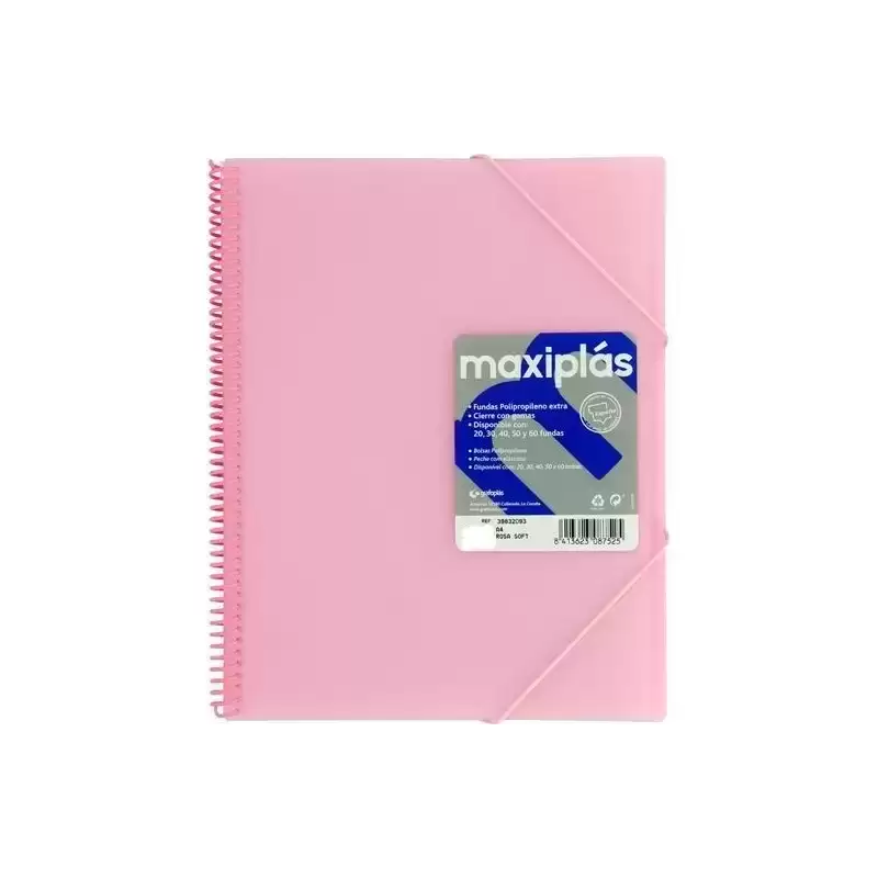 39833093 GRAFOPLÁS CARPETA CON FUNDAS MAXIPLÁS ESPIRAL A4 30 FUNDAS C/SOBRE PP RÍGIDO TRANSLÚCIDO ROSA SOFT