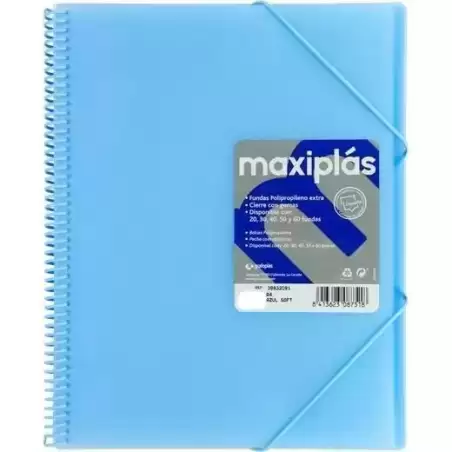 39834091 GRAFOPLÁS CARPETA CON FUNDAS MAXIPLÁS ESPIRAL A4 40 FUNDAS C/SOBRE PP RÍGIDO TRANSLÚCIDO AZUL SOFT