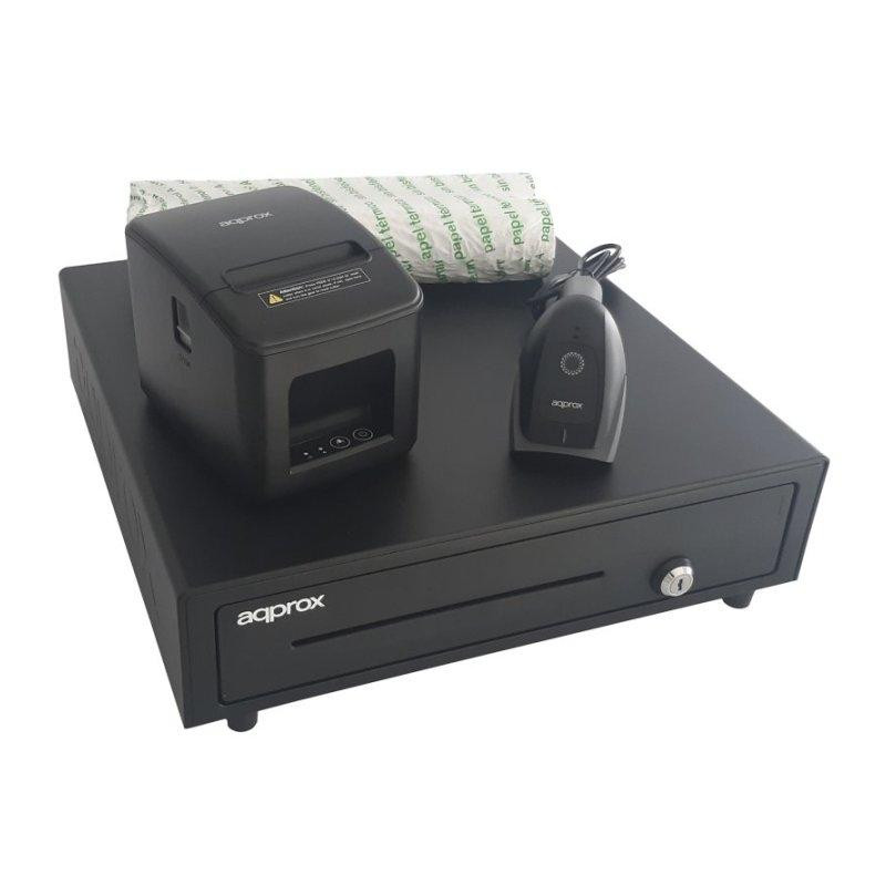 APPPOSPACK4180USB-2D AQPROX KIT TPV CAJON PORTAMONEDAS NEGRO + LECTOR/SCANNER + IMPRESORA TERMICA + PACK ROLLOS PAPEL