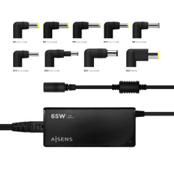 ASLC-65WAUTO-BK AISENS CARGADOR UNIVERSAL MULTITENSION PARA PORTATIL 65W AUTOMATICO CON 9 CONECTORES + USB-A QC.3.0