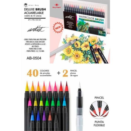 AB-0504 ALEX BOG ROTULADORES DELUXE BRUSH PUNTA PINCEL ACUARELABLES + 2 PINCELES C/SURTIDOS ESTUCHE 40+2 UD