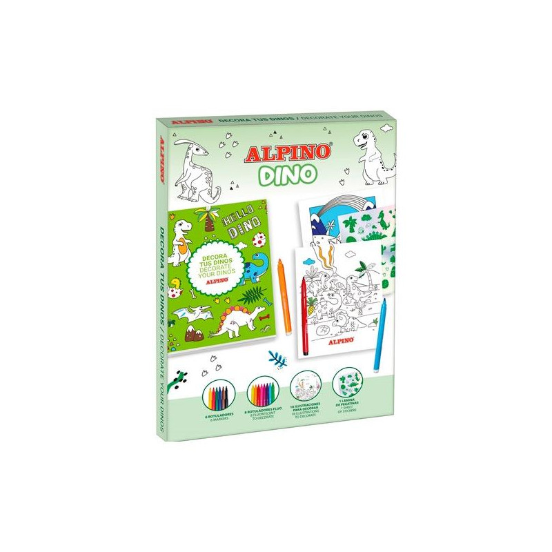 AD000001 ALPINO SET CREATIVO DECOR DINO 14 ROTULADORES + 18 ILUSTRACIONES + PEGATINAS