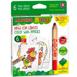 AL002006 ALPINO LÁPICES DE COLORES BABY "LA GRANJA" PARA BEBÉS CON CARTAS PARA COLOREAR C/SURTIDOS ESTUCHE 6 UD