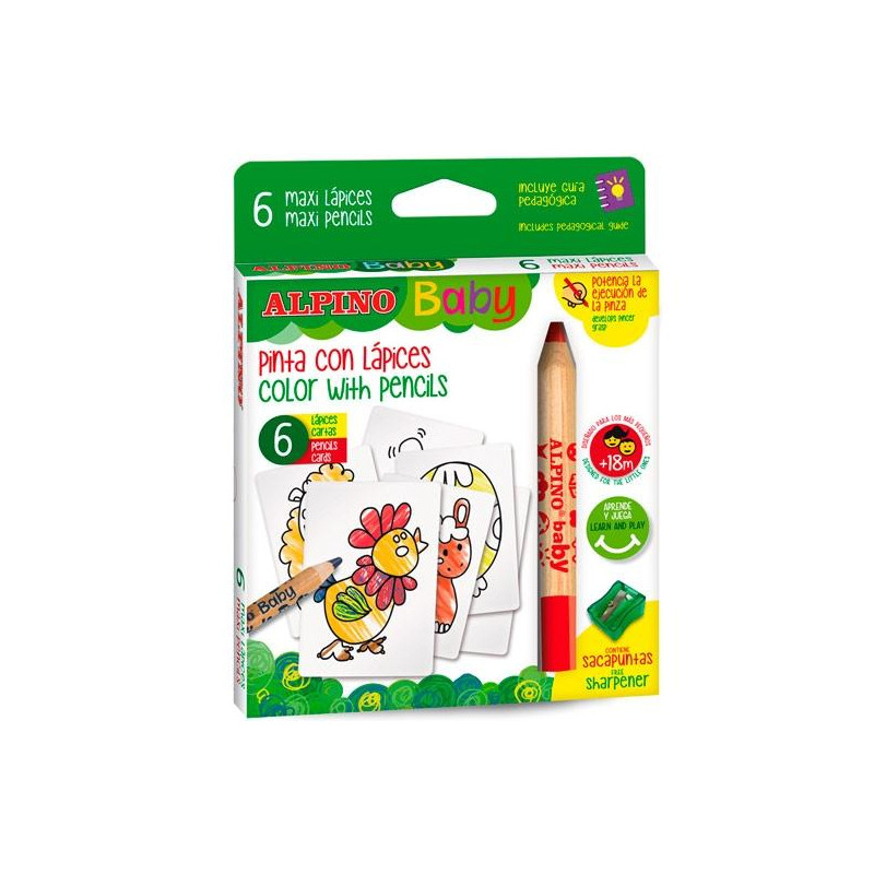 AL002006 ALPINO LÁPICES DE COLORES BABY "LA GRANJA" PARA BEBÉS CON CARTAS PARA COLOREAR C/SURTIDOS ESTUCHE 6 UD