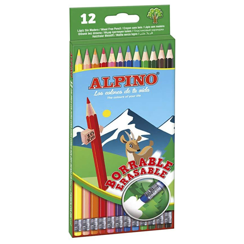 AL013654 ALPINO LÁPICES DE COLORES BORRABLES 177MM C/SURTIDOS ESTUCHE 12 UD