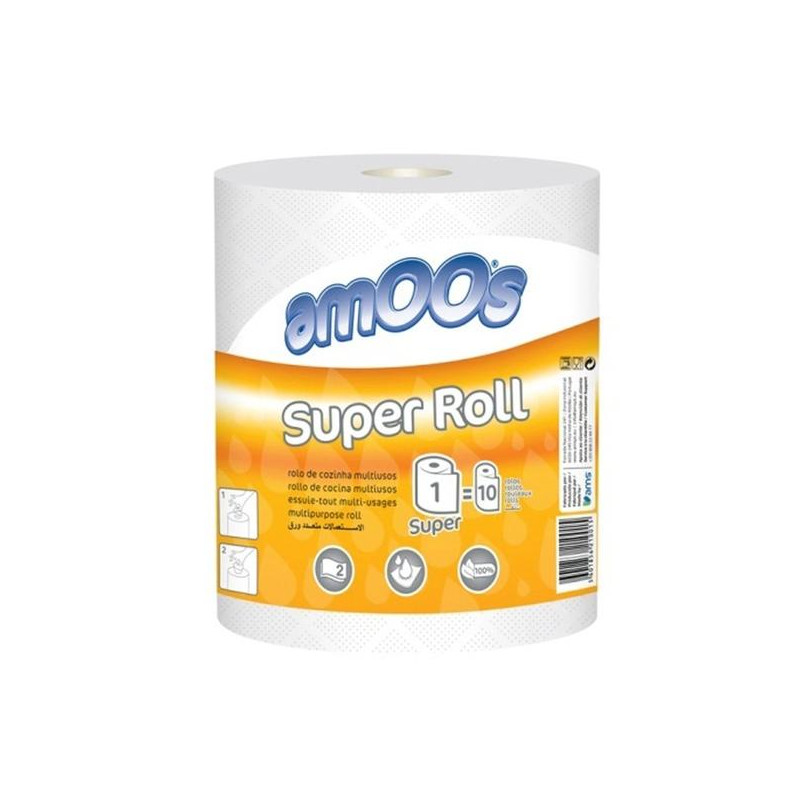 5601856250080 AMOOS PAPEL DE COCINA SUPER ROLL 2C MULTIUSOS ROLLO 91M BLANCO