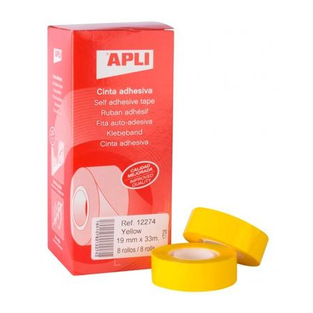 12274 APLI CINTA ADHESIVA SILENCIOSA ROLLO 19MM X 33M PP CAJA 8 UD AMARILLO