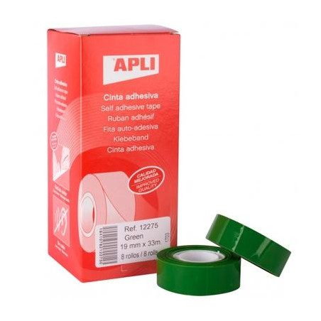 12275 APLI CINTA ADHESIVA SILENCIOSA ROLLO 19MM X 33M PP CAJA 8 UD VERDE