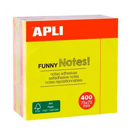 10974 APLI CUBO DE NOTAS ADHESIVAS FUNNY 75X75MM CUBO DE 400H COLORES FLUORESCENTES SURTIDOS