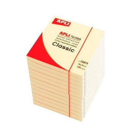 10975 APLI BLOC NOTAS ADHESIVAS CLASSIC REPOSICIONABLES 100H 75X75 AMARILLO PACK 12 UD