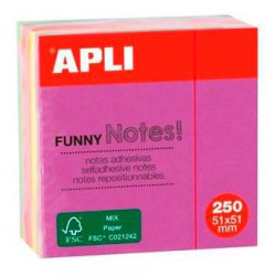 11596 APLI CUBO DE NOTAS ADHESIVAS FUNNY 51X51MM MINI-CUBO 250H COLORES FLUORESCENTES SURTIDOS