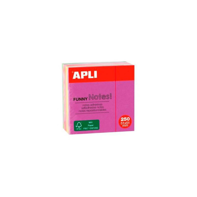 11596 APLI CUBO DE NOTAS ADHESIVAS FUNNY 51X51MM MINI-CUBO 250H COLORES FLUORESCENTES SURTIDOS