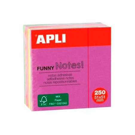 11596 APLI CUBO DE NOTAS ADHESIVAS FUNNY 51X51MM MINI-CUBO 250H COLORES FLUORESCENTES SURTIDOS