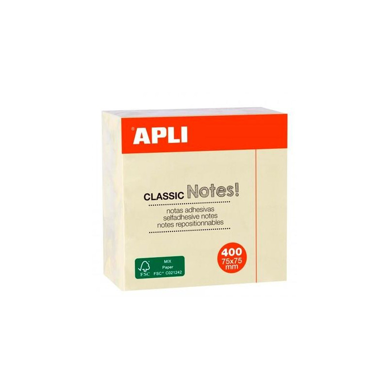 11597 APLI NOTAS ADHESIVAS CLASSIC 75X75MM CUBO DE 400H AMARILLO