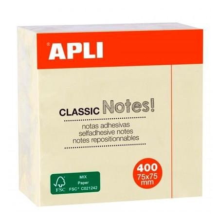 11597 APLI NOTAS ADHESIVAS CLASSIC 75X75MM CUBO DE 400H AMARILLO