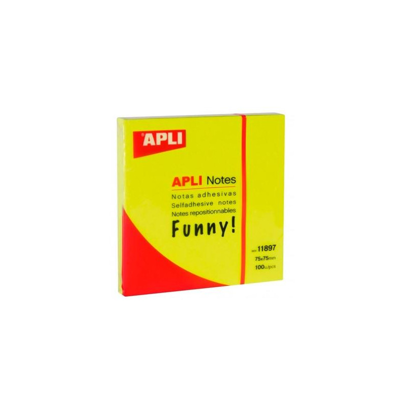 11897 APLI BLOC NOTAS ADHESIVAS FUNNY REPOSICIONABLES 100H 75X75 AMARILLO FLUORESCENTE PACK 12 UD