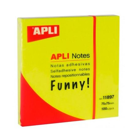 11897 APLI BLOC NOTAS ADHESIVAS FUNNY REPOSICIONABLES 100H 75X75 AMARILLO FLUORESCENTE PACK 12 UD