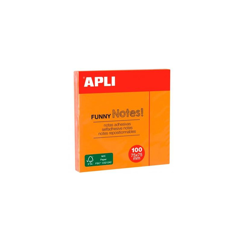 11900 APLI BLOC NOTAS ADHESIVAS FUNNY REPOSICIONABLES 100H 75X75 NARANJA FLUORESCENTE PACK 12 UD