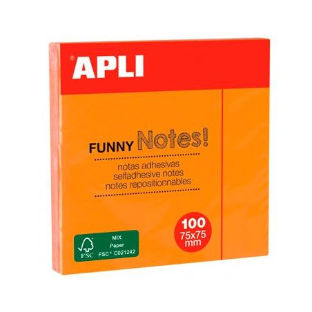 11900 APLI BLOC NOTAS ADHESIVAS FUNNY REPOSICIONABLES 100H 75X75 NARANJA FLUORESCENTE PACK 12 UD