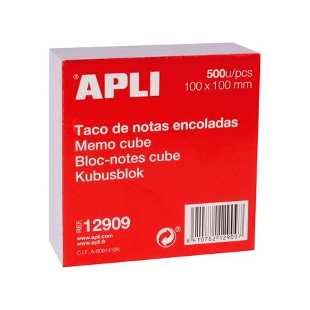 12909 APLI TACO DE NOTAS ENCOLADAS 500H 100X100MM BLANCO