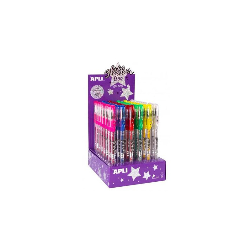 15229 APLI BOLÍGRAFO GEL PEN GLITTER LIVE COLORES SURTIDOS -EXPOSITOR 48U-