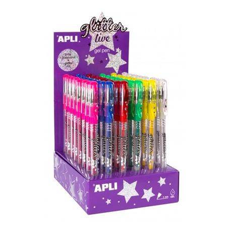 15229 APLI BOLÍGRAFO GEL PEN GLITTER LIVE COLORES SURTIDOS -EXPOSITOR 48U-