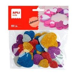 13484 APLI FORMAS GOMA EVA ADHESIVAS CORAZONES CON PURPURINA METALIZADA COLORES SURTIDOS -50U-