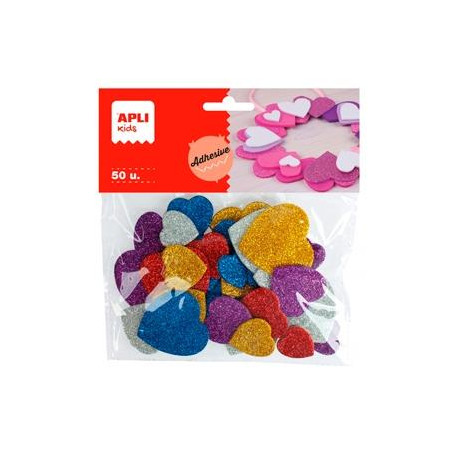 13484 APLI FORMAS GOMA EVA ADHESIVAS CORAZONES CON PURPURINA METALIZADA COLORES SURTIDOS -50U-